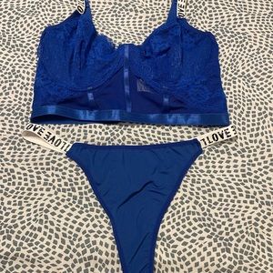 Contrast Mesh Lace Underwire Set Royal Blue